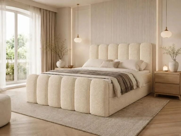 Boxspringbett CUDDLE - 160x200 - mit Bettkasten - cremefarbenes Bouclé