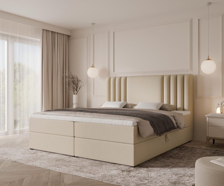 Boxspringbett SAVA - 180x200 - mit Bettkasten - hellbeiger Samt
