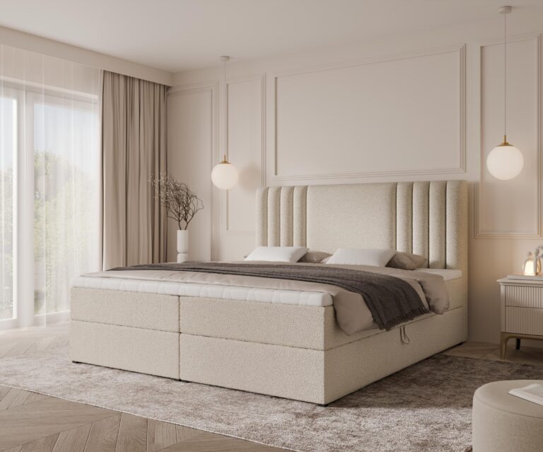 Boxspringbett SAVA - 180x200 - mit Bettkasten - hellbeiges Bouclé