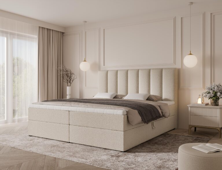 Boxspringbett BELLA - 180x200 - mit Bettkasten - hellbeiges Bouclé