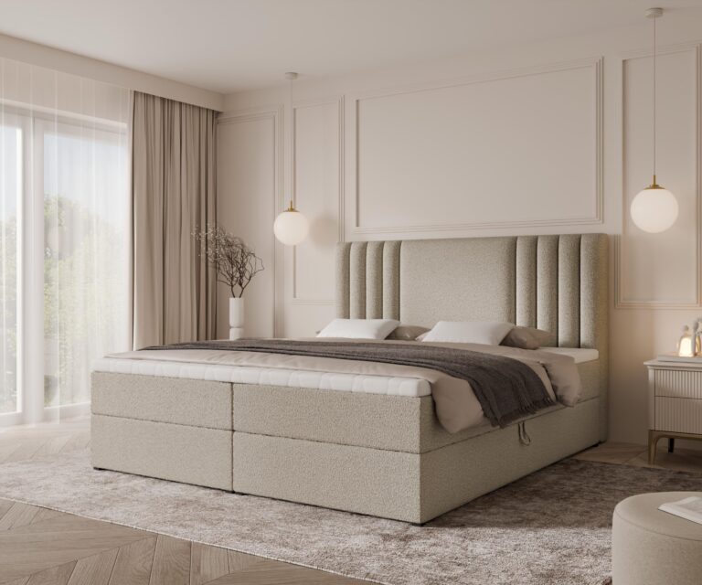 Boxspringbett SAVA - 180x200 - mit Bettkasten - cremefarbenes Bouclé