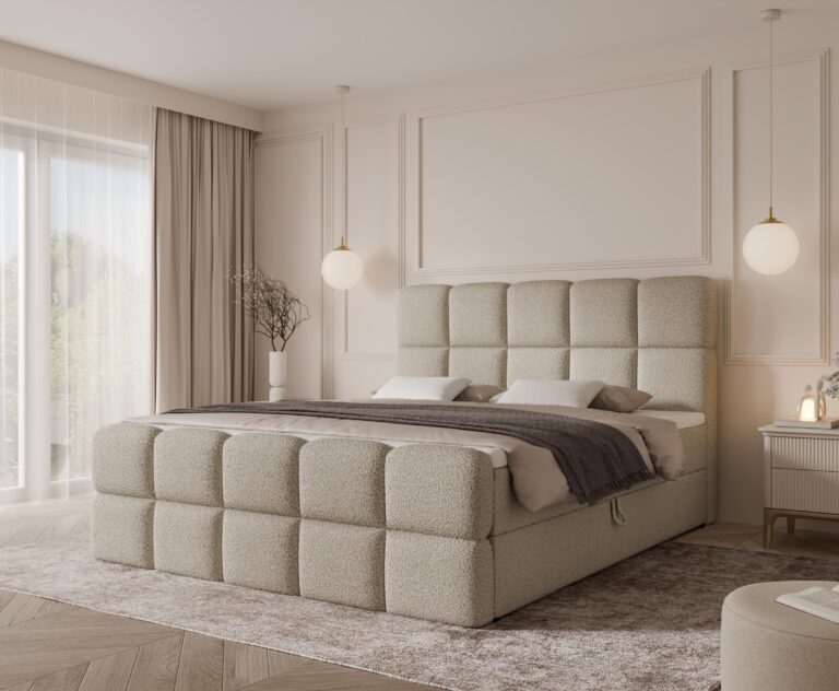 Boxspringbett MOYA MAX - 180x200 - mit Bettkasten - cremefarbenes Bouclé