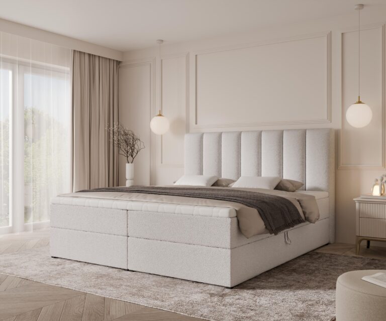 Boxspringbett BELLA - 180x200 - mit Bettkasten - weißes Bouclé