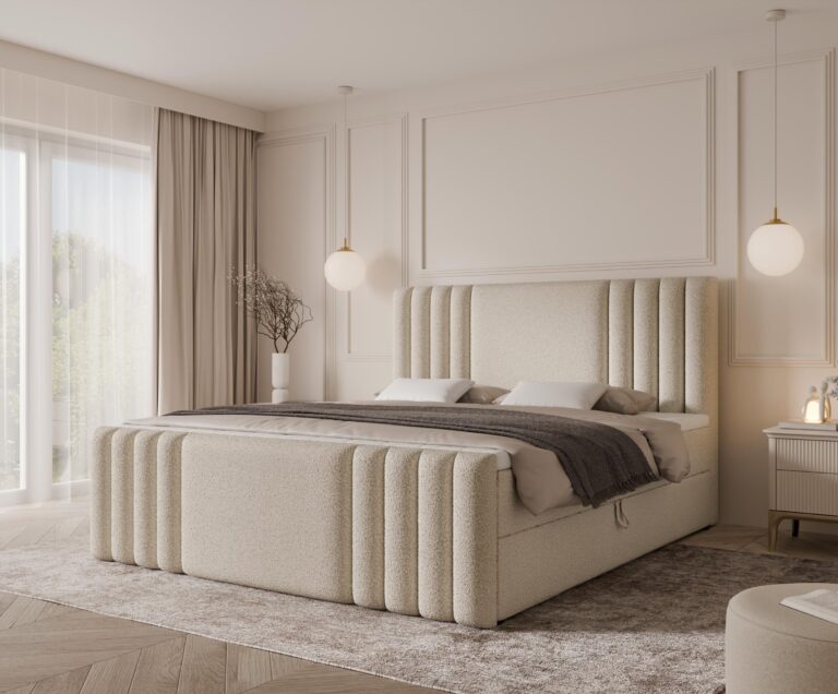 Boxspringbett SAVA MAX - 180x200 - mit Bettkasten - hellbeiges Bouclé