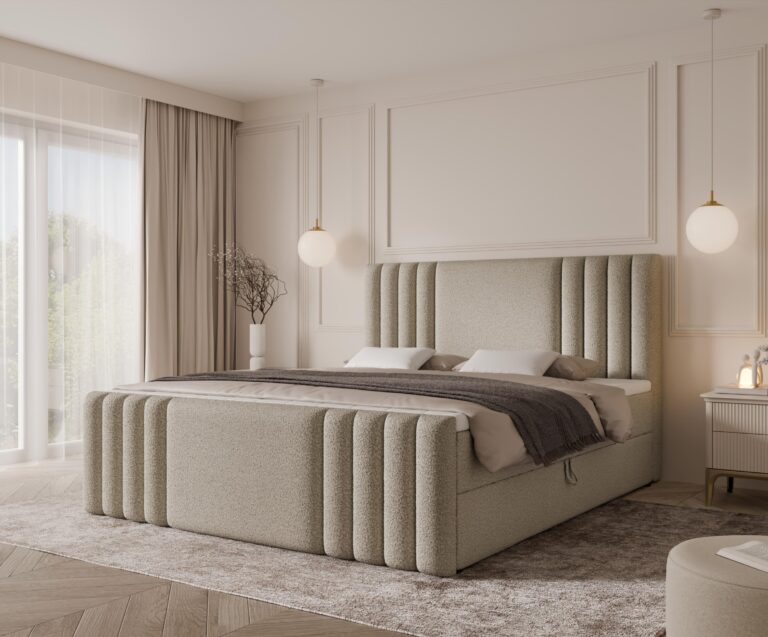 Boxspringbett SAVA MAX - 200x200 - mit Bettkasten - cremefarbenes Bouclé