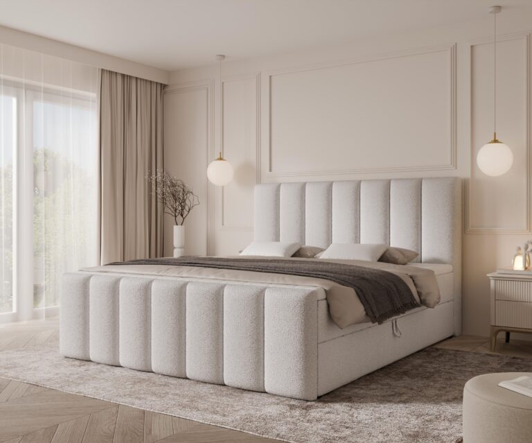 Boxspringbett BELLA MAX - 180x200 - mit Bettkasten - weißes Bouclé