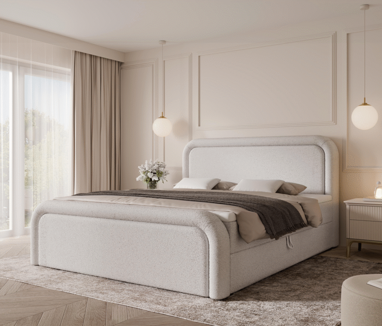 Boxspringbett DREAM - 200x200 - mit Bettkasten - weißes Bouclé