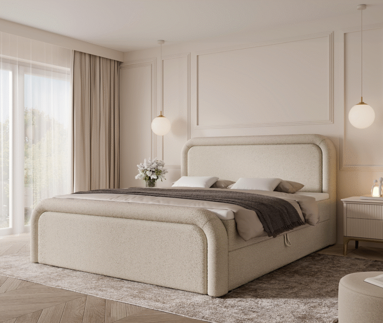 Boxspringbett DREAM - 180x200 - mit Bettkasten - hellbeiges Bouclé