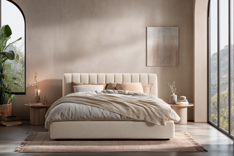 Modernes Schlafzimmer mit einem hölzernen Bett unter dem Fenster platziert