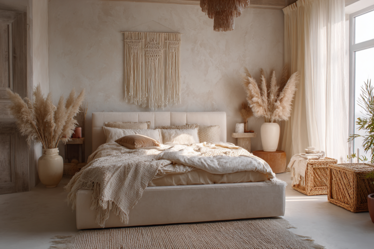 Wie kann man ein Boho Schlafzimmer mit natürlichen Möbeln einrichten