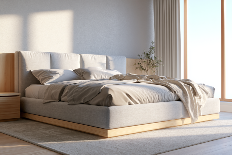 Elegantes großes Schlafzimmer mit einem luxuriösen, dunklen Polsterbett und einem hohen, gesteppten Kopfteil