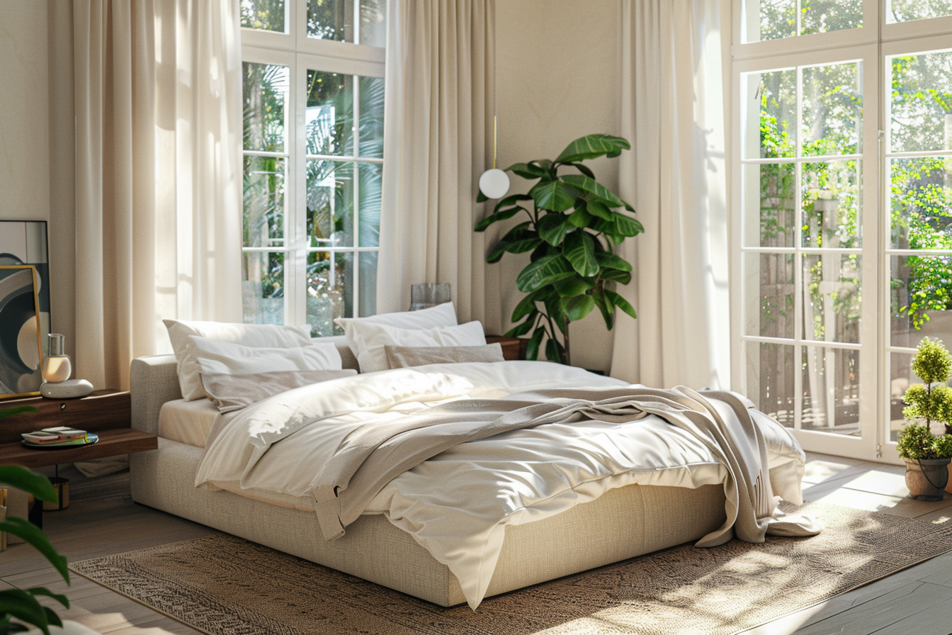 Modernes gepolstertes Bett 160x200 mit elegantem Kopfteil im Schlafzimmer