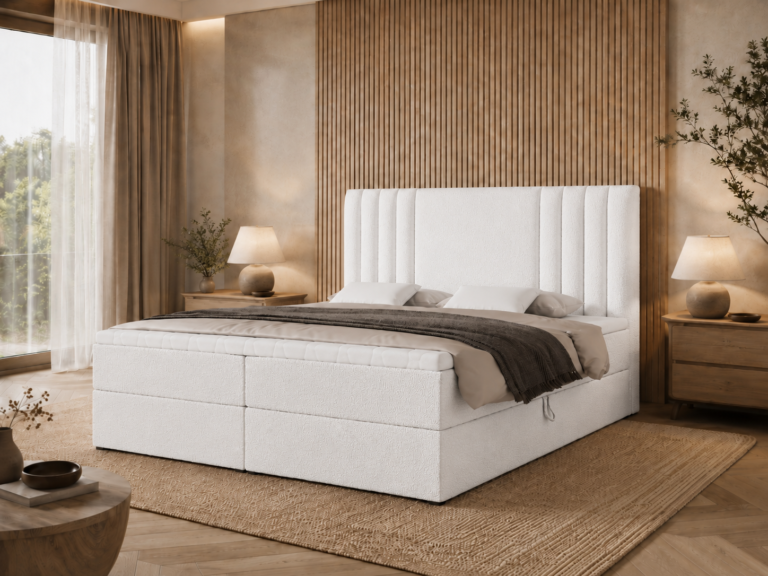 Boxspringbett SAVA - 180x200 - mit Bettkasten - weißes Bouclé