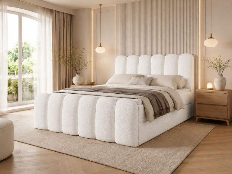 Boxspringbett CUDDLE - 180x200 - mit Bettkasten - weißes Bouclé