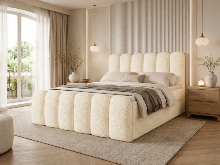 Boxspringbett CUDDLE - 180x200 - mit Bettkasten - hellbeiges Bouclé
