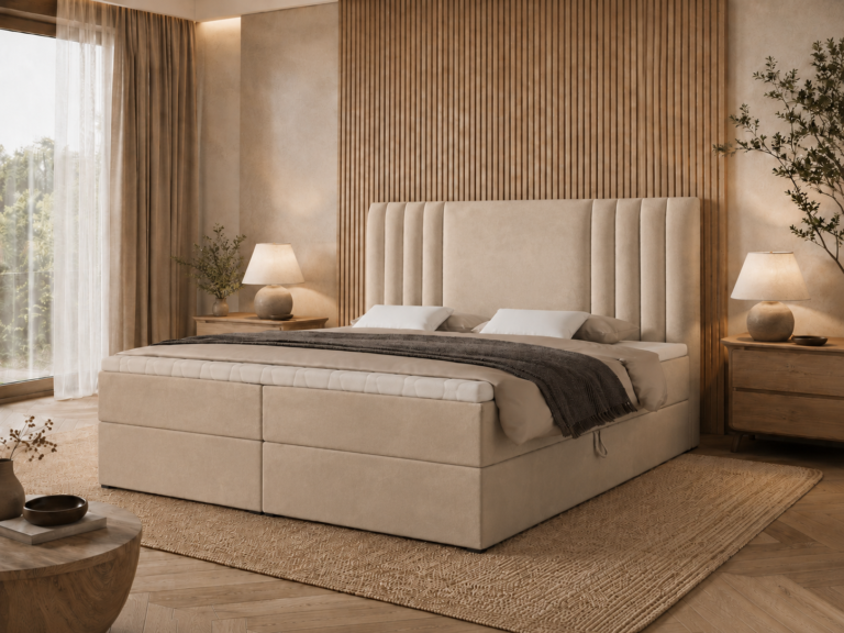 Boxspringbett SAVA - 180x200 - mit Bettkasten - hellbeiger Samt