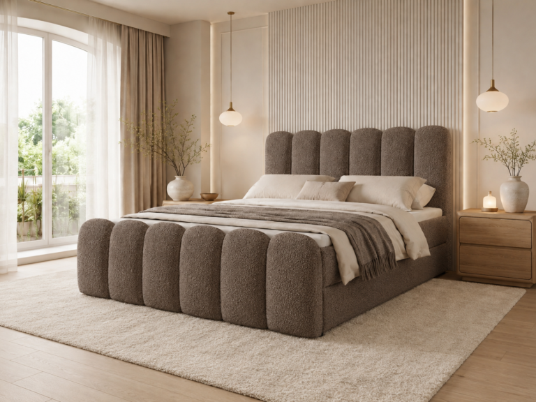 Boxspringbett CUDDLE - 160x200 cm - mit Bettkasten - Braun Bouclé
