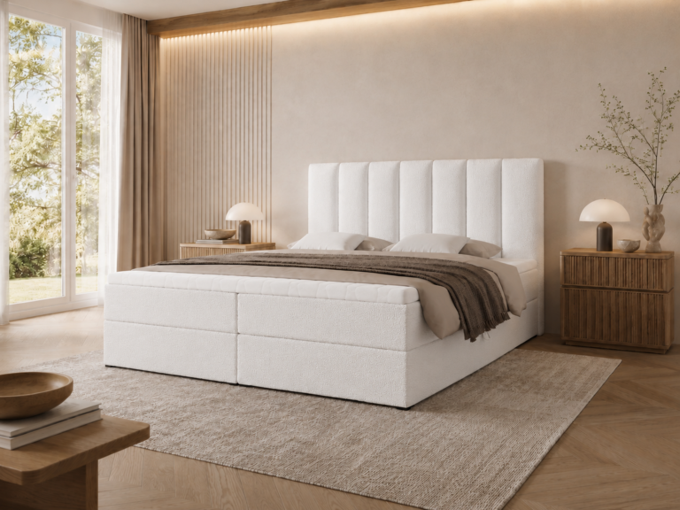 Boxspringbett BELLA - 180x200 - mit Bettkasten - weißes Bouclé