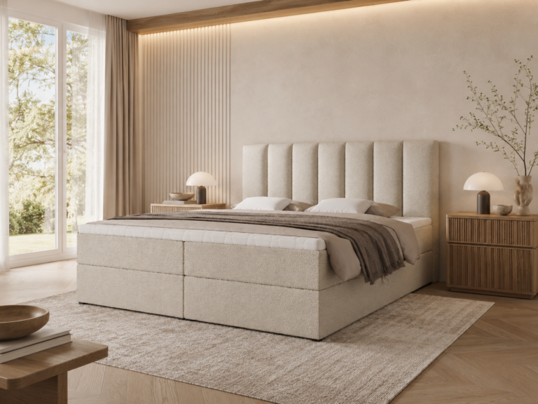Boxspringbett BELLA - 180x200 - mit Bettkasten - cremefarbenes Bouclé