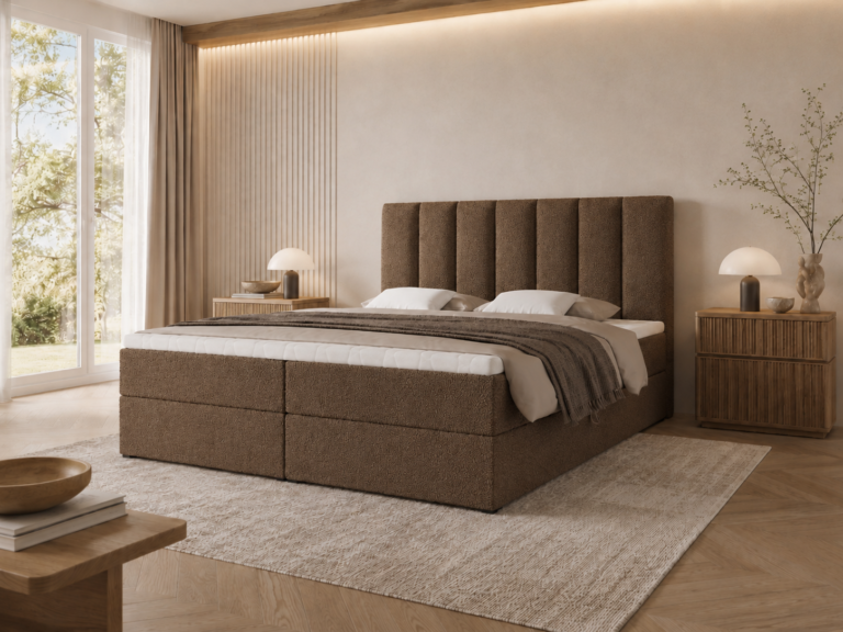 Boxspringbett BELLA - 160x200 cm - mit Bettkasten - Braun Bouclé