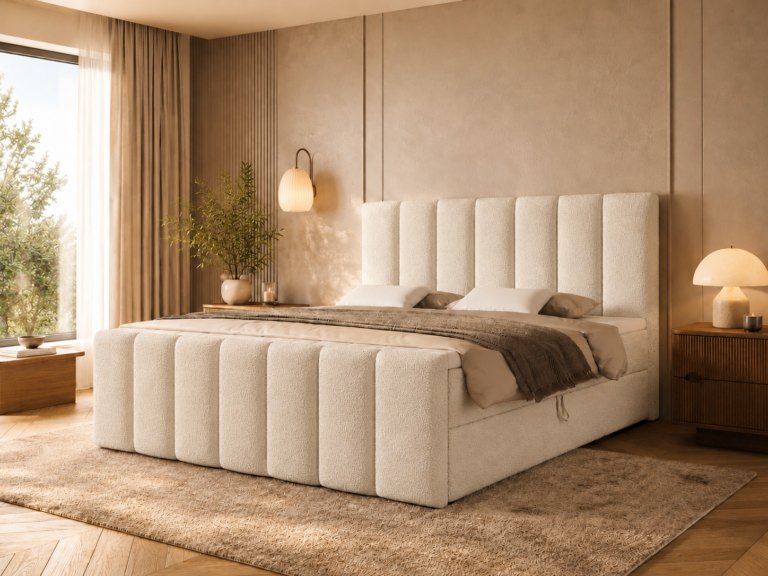 Boxspringbett BELLA MAX - 120x200 - mit Bettkasten - hellbeiges Bouclé