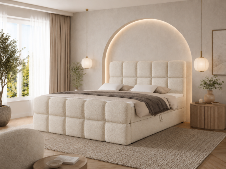 Boxspringbett MOYA MAX - 180x200 - mit Bettkasten - cremefarbenes Bouclé
