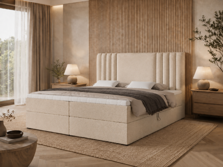 Boxspringbett SAVA - 180x200 - mit Bettkasten - cremefarbenes Bouclé