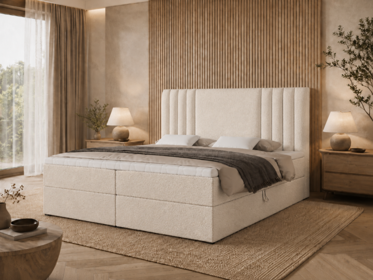Boxspringbett SAVA - 180x200 - mit Bettkasten - hellbeiges Bouclé