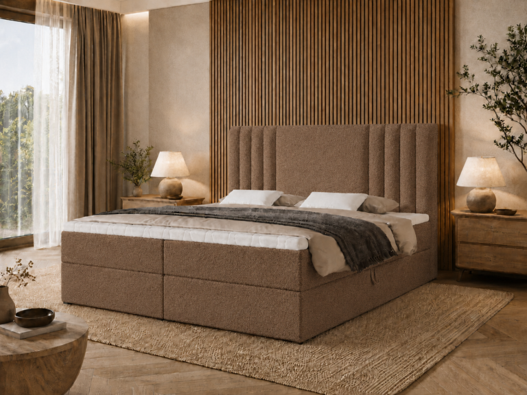 Boxspringbett SAVA - 200x200 cm - mit Bettkasten - Braun Bouclé