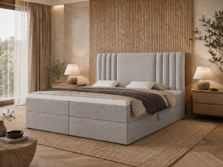Boxspringbett SAVA - 180x200 - mit Bettkasten - graues Bouclé