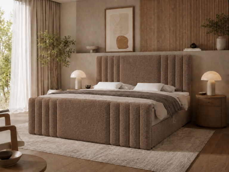 Boxspringbett SAVA MAX – 160x200 cm - mit Bettkasten - Braun Bouclé
