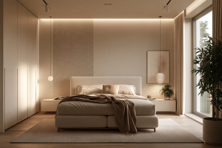 Modernes Boxspringbett in stilvollem Schlafzimmer