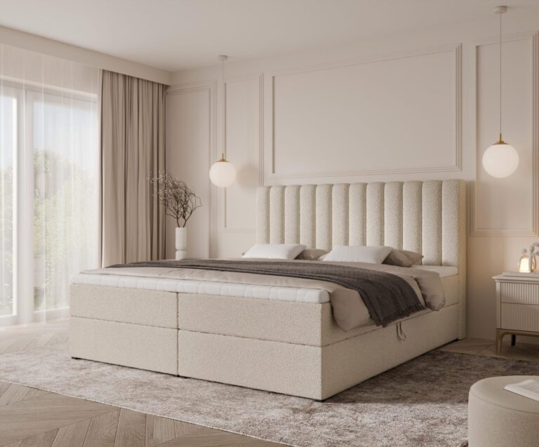 Boxspringbett CANSAS - 180x200 - mit Bettkasten - hellbeiges Bouclé