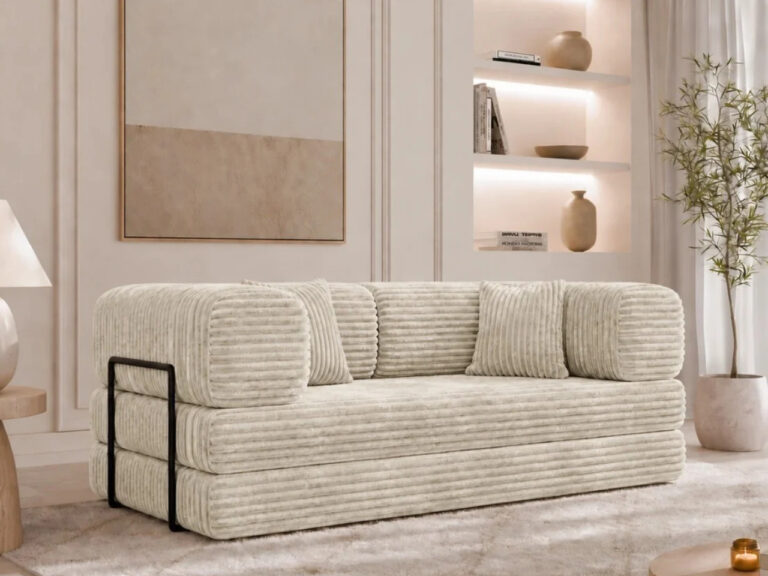Modulares Sofa mit Schlaffunktion und Kissen Selvia in Hellbeige aus dem Stoff Tilia