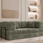 Modulares Sofa mit Schlaffunktion und Kissen Selvia in Olivgrün aus dem Stoff Tilia