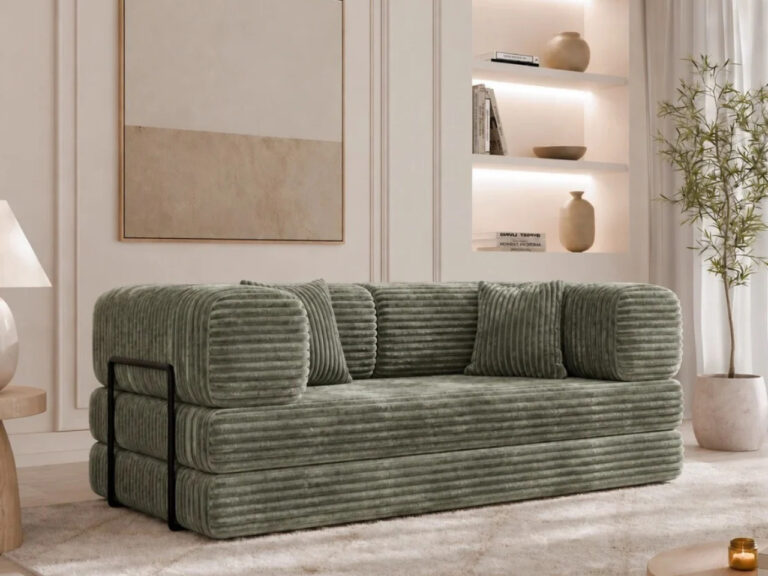 Modulares Sofa mit Schlaffunktion und Kissen Selvia in Olivgrün aus dem Stoff Tilia