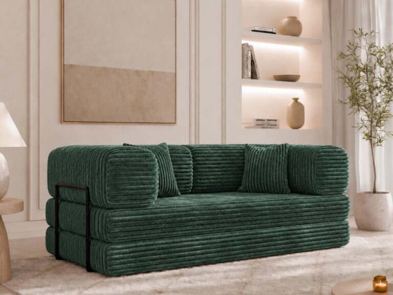Modulares Sofa mit Schlaffunktion und Kissen Selvia in Grün aus dem Stoff Tilia