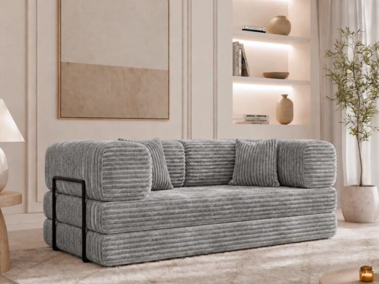 Modulares Sofa mit Schlaffunktion und Kissen Selvia in Hellgrau aus dem Stoff Tilia