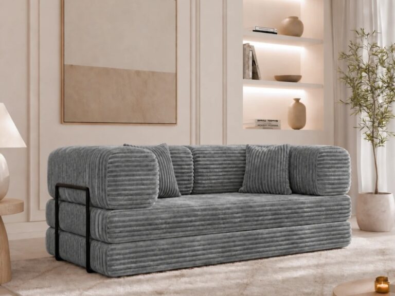 Modulares Sofa mit Schlaffunktion und Kissen Selvia in Dunkelgrau aus dem Stoff Tilia