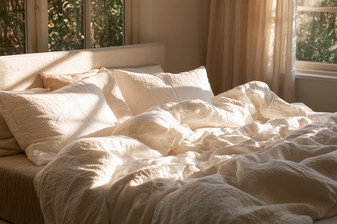 Bettdecke auf gemachtem Bett im ruhigen Schlafzimmer