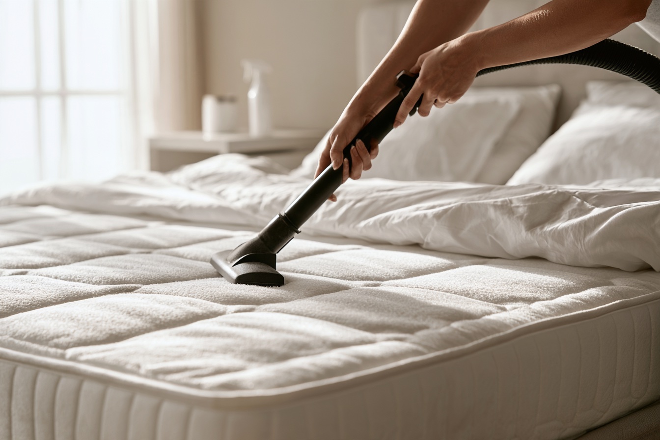 Frau mit Staubsauger beim Matratze reinigen in hellem Schlafzimmer