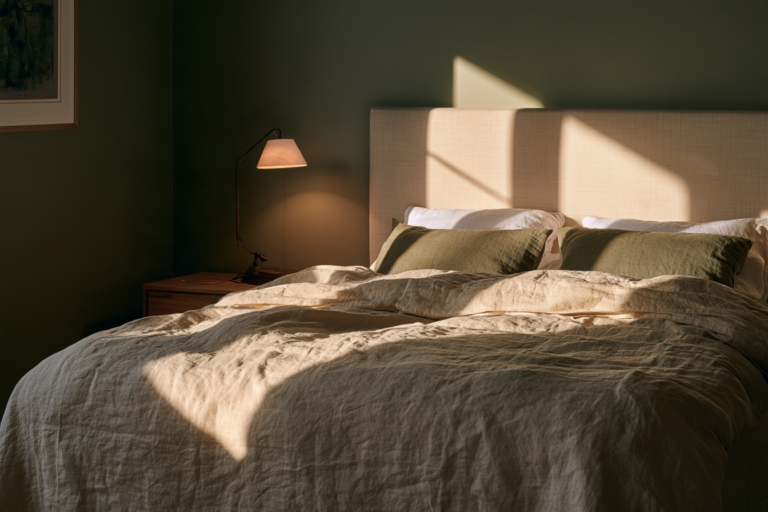 Beruhigende Schlafzimmer Farben in Salbeigrün und Beige mit gemachtem Bett